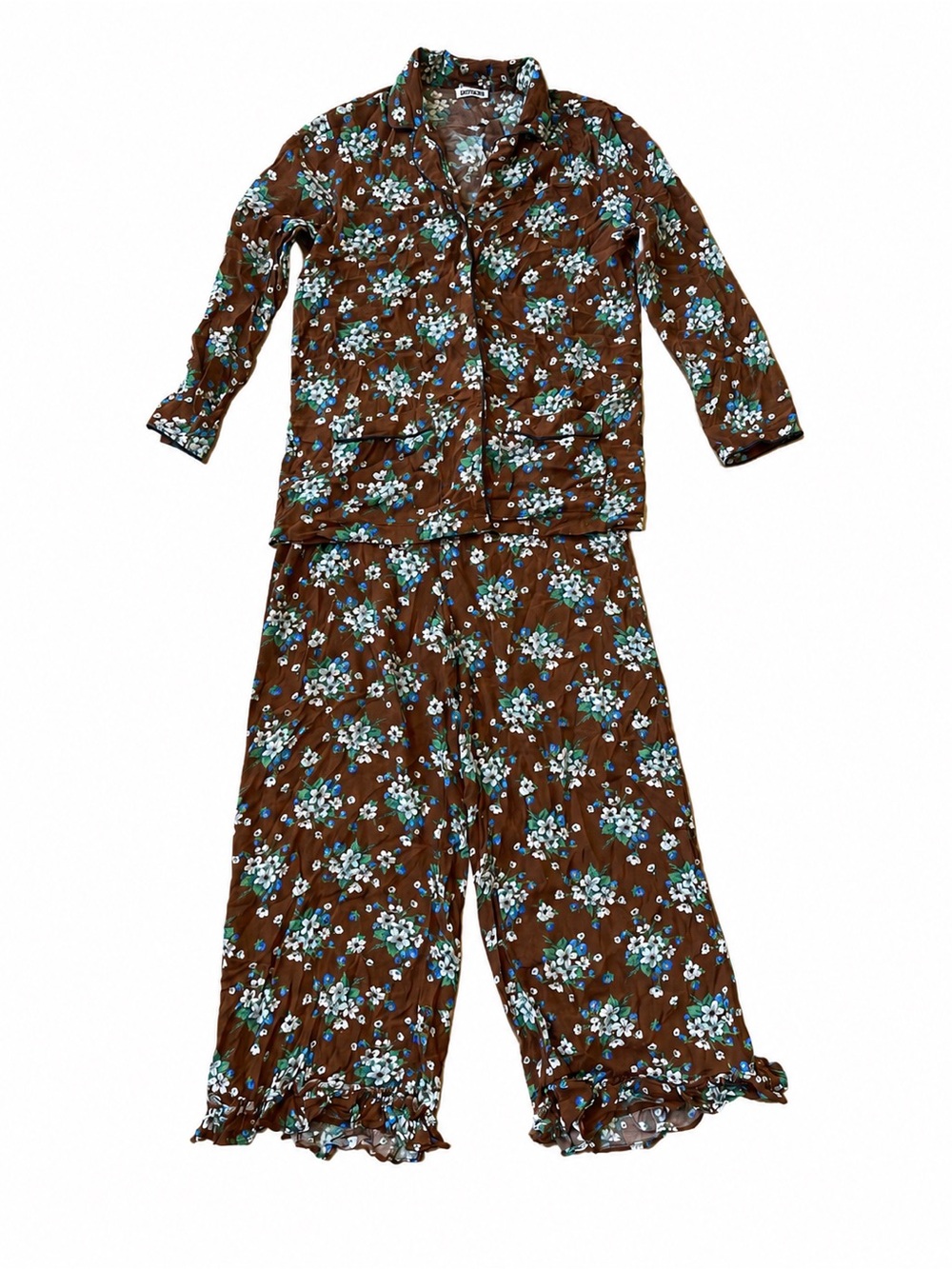 Batsheva Brown Lily Floral Pajama Set Size Small 2 Piece Ruffle Pants - Picture 3 of 13